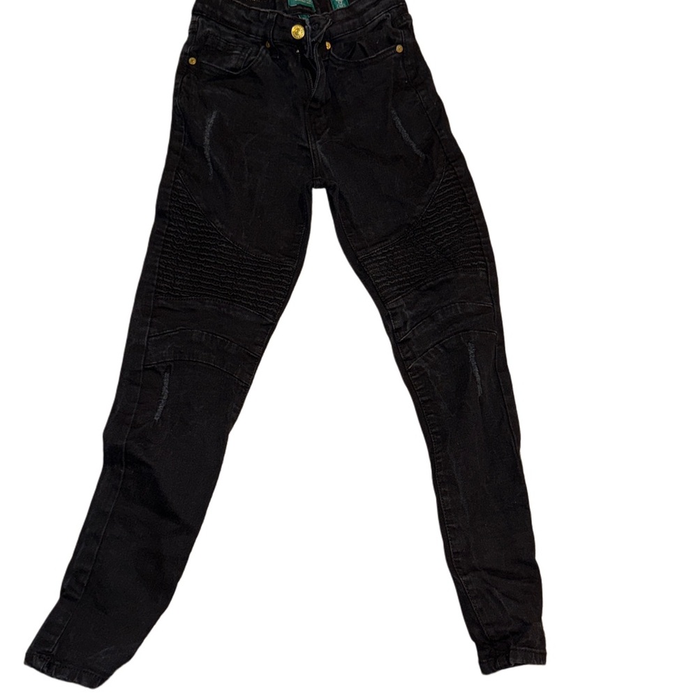 Black straight leg denim tweed / ribbed pants